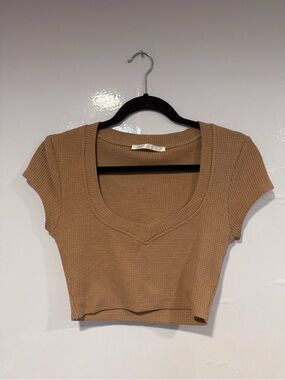 Women's Salty Tan Short Sleeve Waffle Crop Top